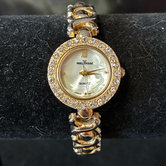 Waltham Woman's Gold Tone Mother Of Pearl Face Rhinestone Analog Watch - Picture 6 of 8